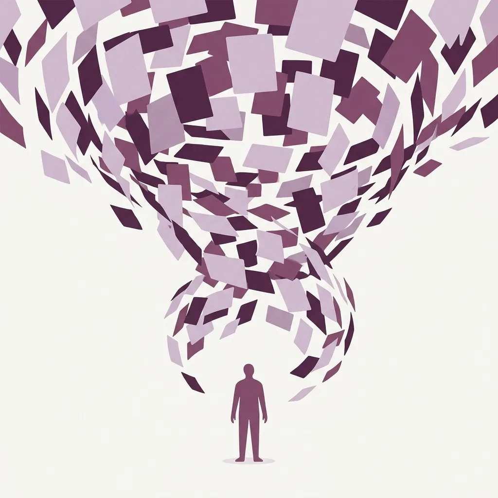 Illustration: a small human silhouette beneath a swirling vortex of countless dating-profile cards, conveying decision fatigue and cognitive overload