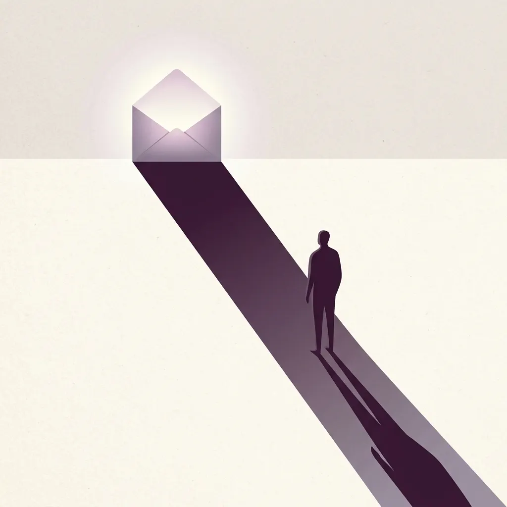 Illustration: an opened envelope casting a long shadow over a waiting silhouette, representing the weight of an unanswered message