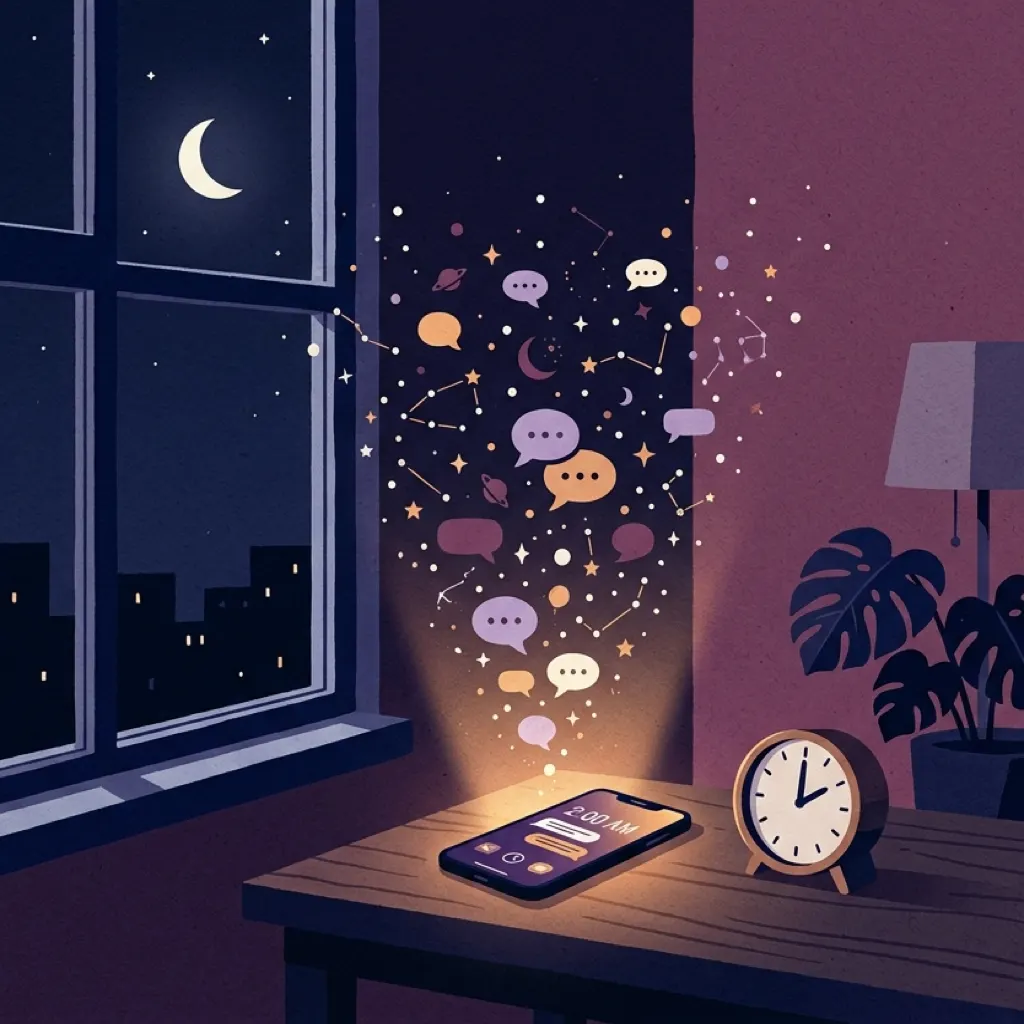 Illustration: a phone alone on a table at 2 a.m., projecting a constellation of glowing speech bubbles into the dark