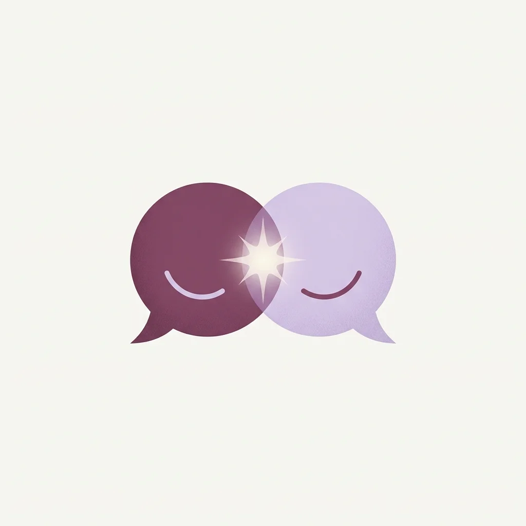 Illustration: two overlapping chat bubbles with a shared sparkle, representing mutual humor and playful chemistry
