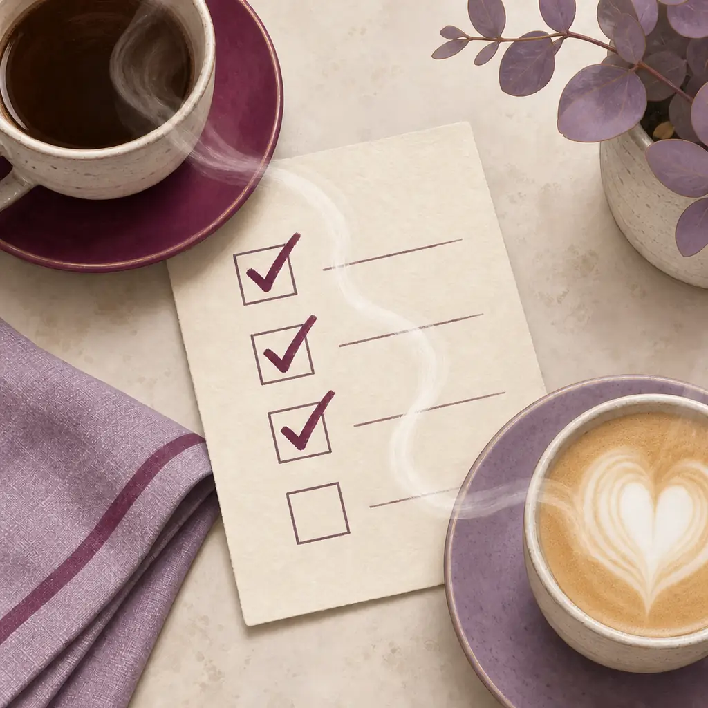 Illustration: two cups of coffee beside a checklist with three checked boxes and one blank box, joined by trails of steam