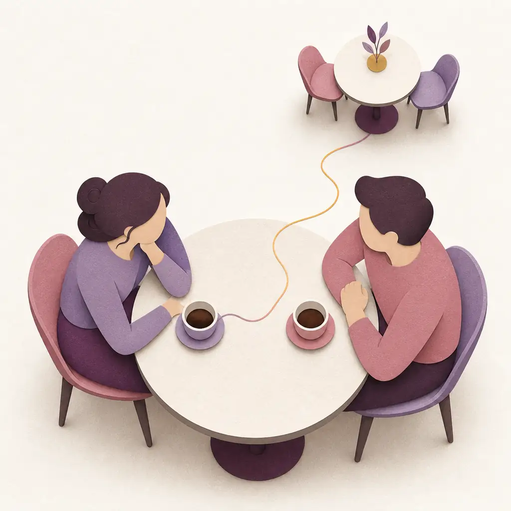Illustration: two people at a café table connected by a fine line leading toward another table, representing curiosity about a second date