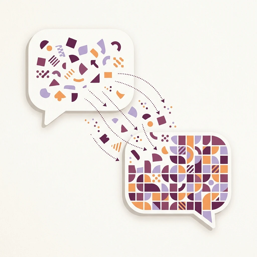 Illustration: scattered shapes in one speech bubble flowing into an organized mosaic in the next, showing a reply that uses what was said